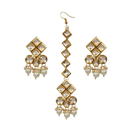 Pearl Drop Lattice Mirror Earrings with Handcrafted Gold Finish